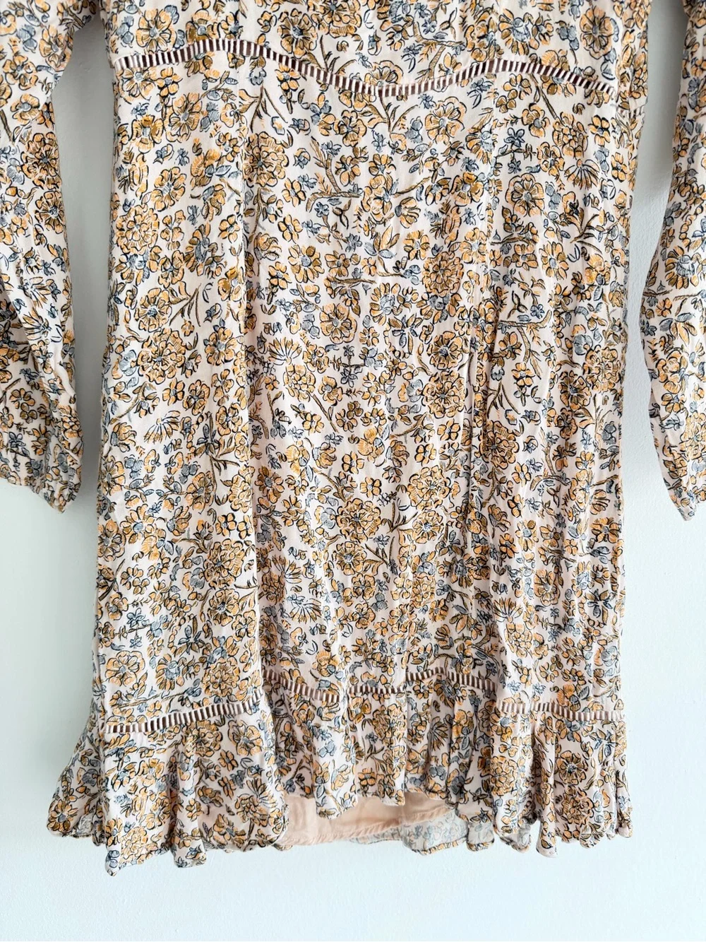 Free People Boheme Ivory Floral Long Sleeve Mini Dress Size 10 8888